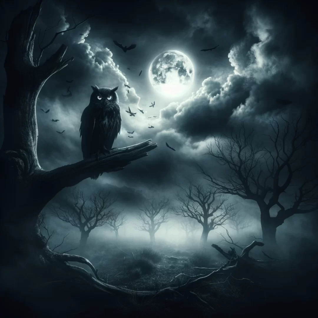 DALL·E 2024-02-19 10.59.43 - A dark and foreboding image of an owl perched on a gnarled branch amidst a stormy night. The landscape is shrouded in mist, with barren trees and a fu